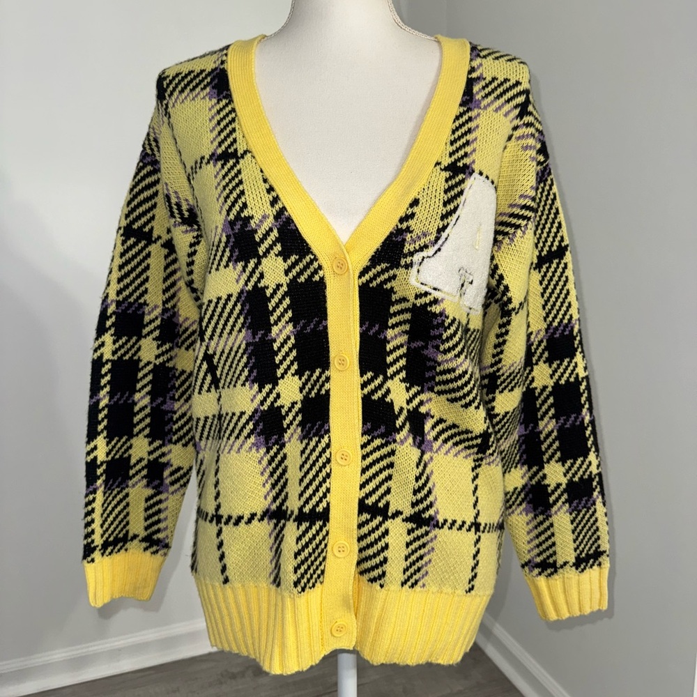 Forever 21 Yellow Plaid Cardigan Small Wool Blend Button Front Sweater - Picture 2 of 8
